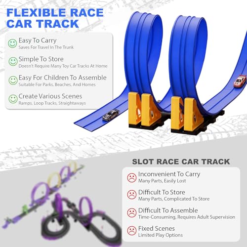 Last Page® Flexible Race Track for Kids 3+Year Old, 15ft Flex Car Tracks for Toddlers with 2 Pull-Back Cars & 2 Alloy Cars, Portable Roll Up Racing Car Tracks, Birthday for Boys Girls