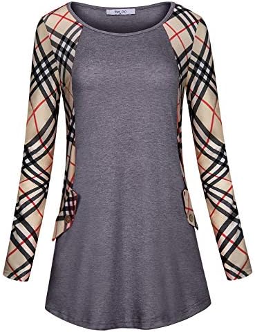 Diphi LiLi Women's Casual Plaid Long Sleeve with Pocket Loose Fit Blouse Tunic Tops