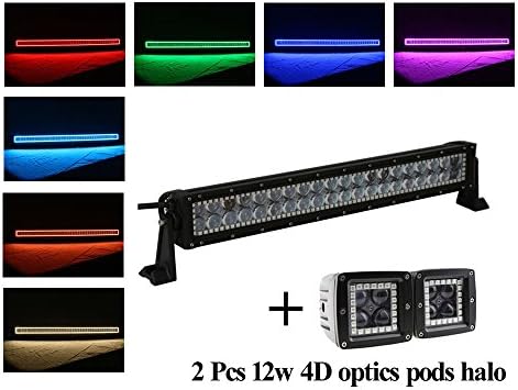 NKLighting 120w 22 inch 4D straight Cree Leds offroad work light bar Spot Beam IP68 waterproof RGB halo ring+Pair 4D square pods halo Truck Car ATV SUV Jeep Boat With Bracket+Swicth wireharness