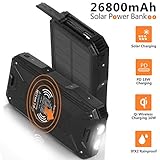 AMAES Solar Charger 26800mAh,Portable PD 18W Charger＆10W Qi Wireless Charger Li-Polymer Battery Pack,4 Outputs,Super Bright Flashlight,IPX2 Rainproof