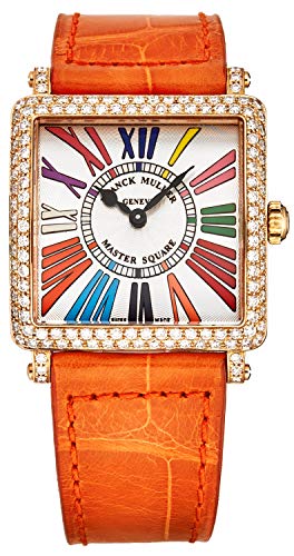 Franck-Muller-Womens-6002LQZCDDR5NOR-Master-Square-Silver-Dial-Orange-Strap-18K-Rose-Gold-Diamond-Watch