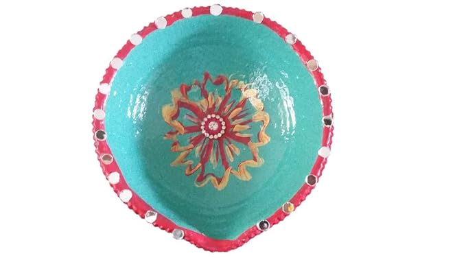 Swavan International Mirror Work Big Large Size 5 Inch Handmade Simple Plain Diwali Diya Terracotta Clay Decorative Oil Lamps with Turquoise Color Work for Navaratri