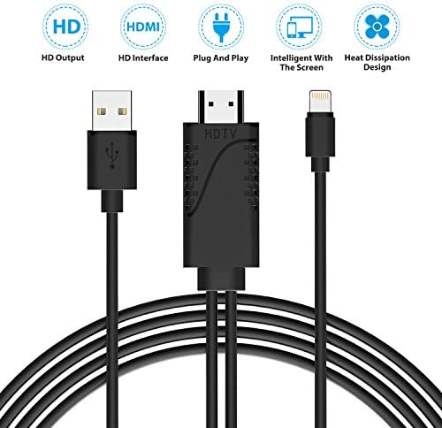 Lightning to HDMI, KingYue Lightning Digital AV to HDMI Adapter, 1080P HDTV Cable with Cooling Vents for Apple iPhone X/8/7/6/5 Series, iPad, iPod Touch,Plug and Play (Black)