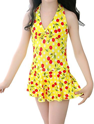 KJY Girl's One Piece Swimsuit Polka Dot Swimwear Halter Swimdress