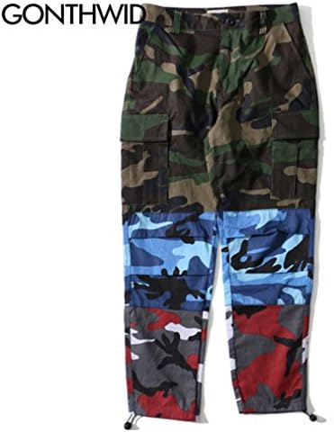 YShowntide Tri Color Camo Patchwork Cargo Pants Men's Hip Hop Casual Camouflage Trousers Green XL