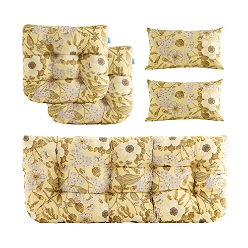 ARTPLAN Outdoor Cushions For Loveseat – 5 Piece U-Shaped Set (2 Back, 1 Seat, 2 Lumbar) With Ties, Floral Beige