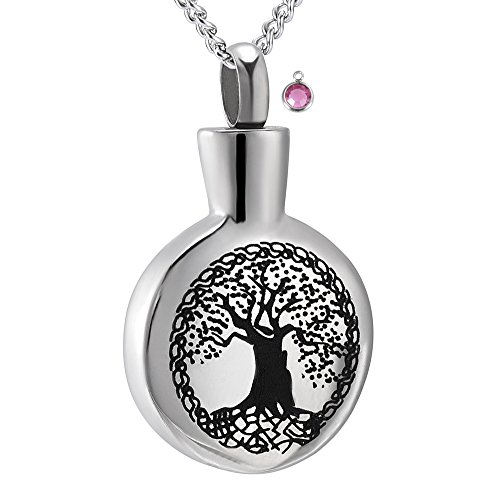 Tree of Life Round Birthstone Cremation Memorial Ashes Necklace Urn Pendant Keepsake Jewelry (October)