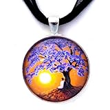 Jacaranda Tree Sunset Meditation Handmade Art Pendant (Black Ribbon Necklace)