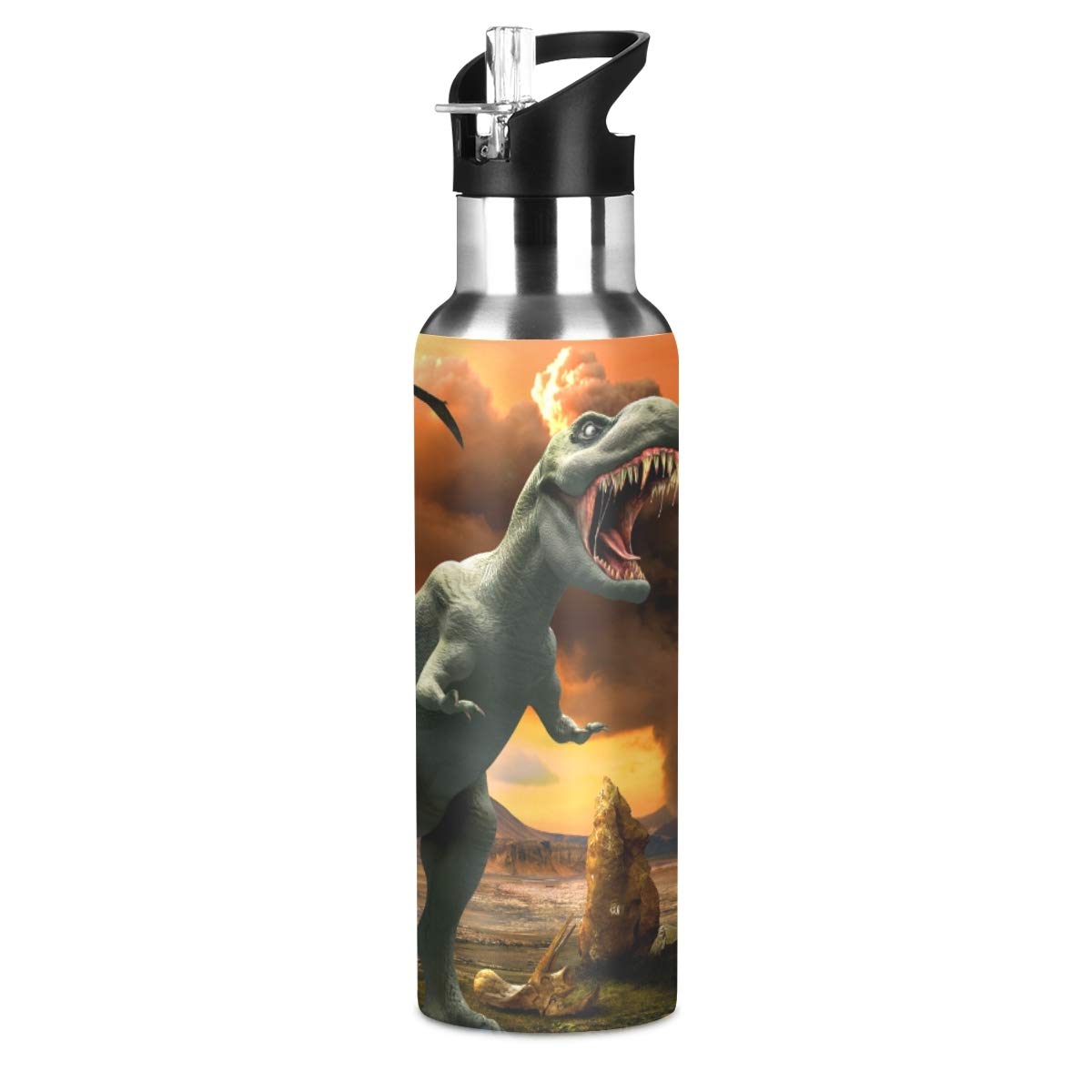 Mnsruu Fire Dinosaur Water Bottle Drink Flask with Straw Lid for Boys Girls,600 ml,Leakproof Stainless-Steel Sports Thermos for Women Men Teenage