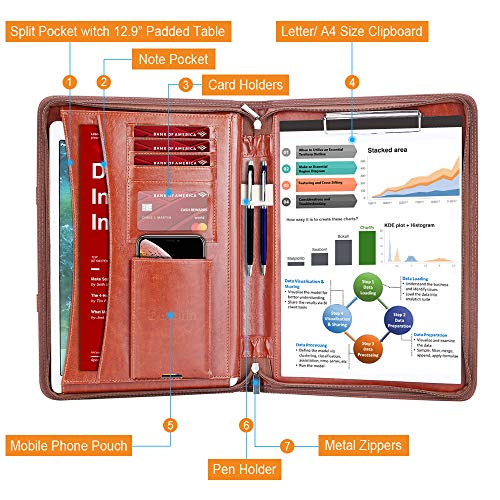 Darolin Zippered Leather Padfolio Portfolio Case with [Hidden Handle] and [Clipboard], Business