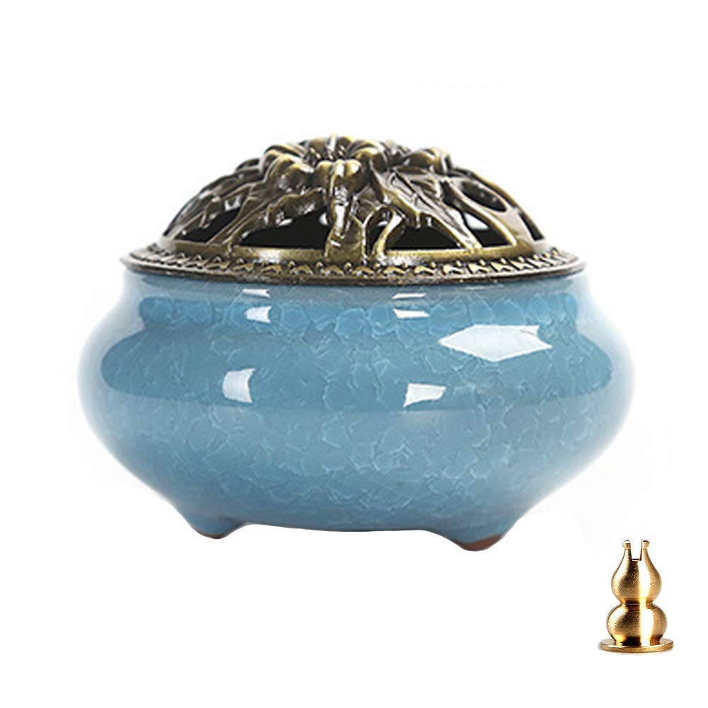 Guwheat Porcelain Incense Holder Burner (Stick/Cone/Coil Incense) Ceramic Ash Catcher Tray Bowl with Brass Calabash Incense Stick Holder (Sky Blue)