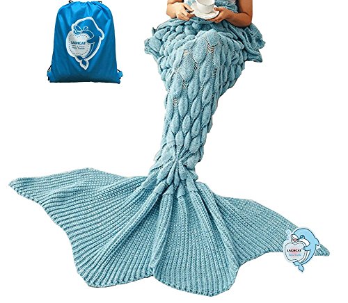 LAGHCAT Mermaid Tail Blanket Knit Crochet and Mermaid Blanket for Adult,Sleeping Bags (71x35.5, goldfish tail-Light Blue)