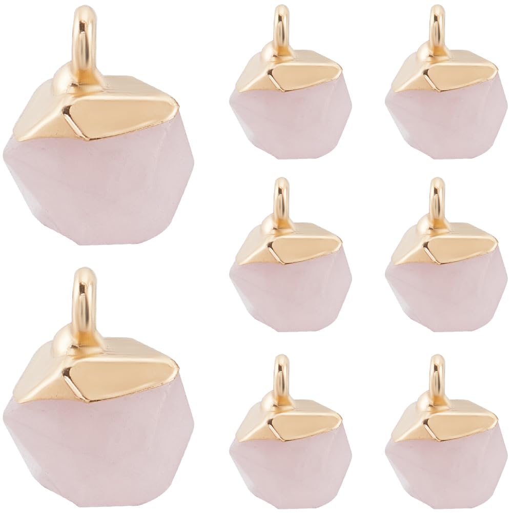 SUNNYCLUE 1 Box 8Pcs Rose Quartz Charm Gold Plated Gemstone Charms Pink Irregular Healing Stone Crystal Energy Lucky Gem Charms for Jewelery Making Charms Findings Diy Necklace Earring Craft Supplies
