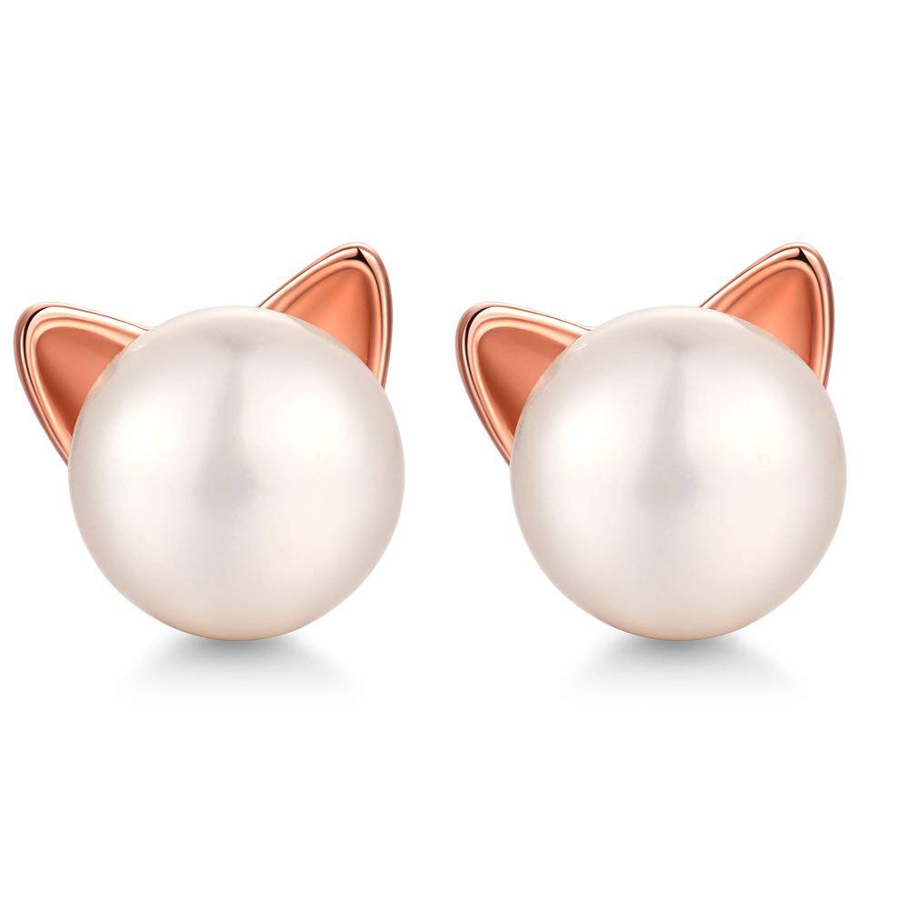 Cat Stud Earrings Pearl Jewellery for women girls kids for Cat Lover 925 Sterling Silver Ear Studs