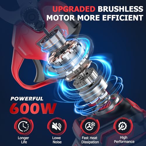 MHPRO Brushless Cordless Pruning Scissors, Electric Pruning Scissors 600W with 2 x 21 V 2000 mAh Batteries, LCD Screen, for Orchards, Landscaping and Professional Gardening, Red