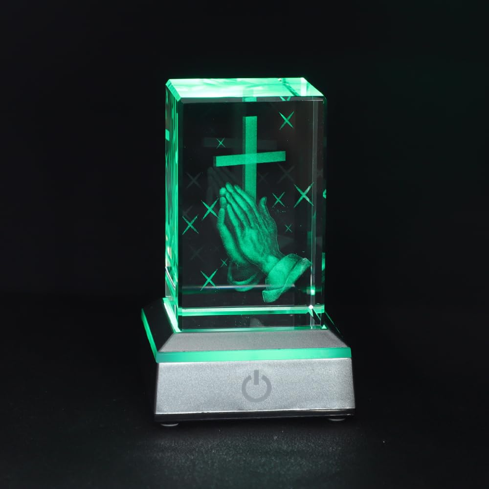 KOMI 3D Crystal Figurine Statue with LED Light Base, Laser Engraved Praying Hand Cross Statues Religious Gifts for Women Men, Night Light for Bedroom, Christian Catholic Gifts