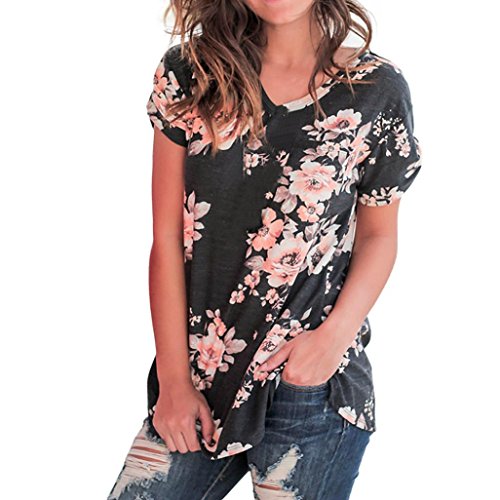 Click Here to See More Images NREALY Women Ladies Casual Floral Print Short Sleeve Blouse O-neck Pullover Tops Shirt(Black ,Medium)