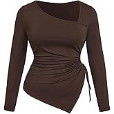 WDIRARA Women's Plus Size Asymmetrical Neck T Shirts Long Sleeve Tee Ruched Tie Side Tops
