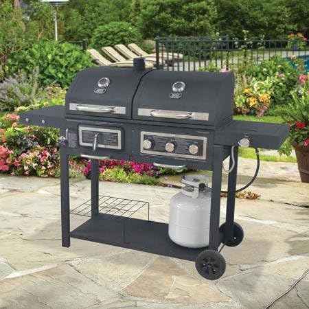 review Durable Outdoor Barbeque & Burger Gas/charcoal Grill Combo Comes with a Chrome Plated Warming Rack and a Porcelain Heat Plate,3-burner Grill with Integrated Ignition and Also Has a Handy Tool Holders