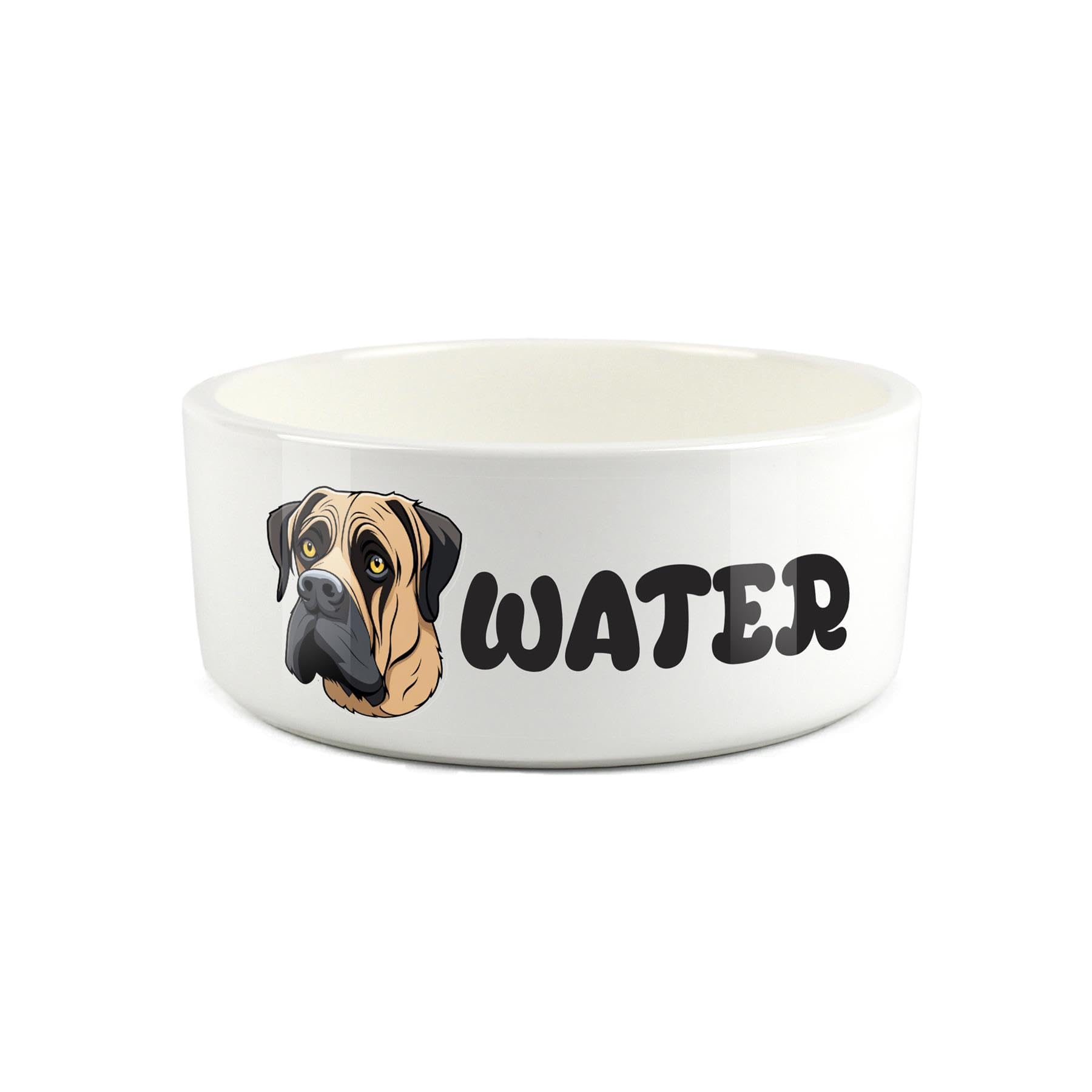 Mastiff Pet Bowl - Cartoon Dog Portrait Large Ceramic Water Bowl - Novelty White Water Dish For Dogs