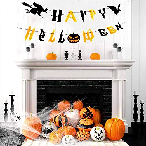 Pancarta Feliz de Halloween, Decoración de la Pancarta de Halloween con Letras, Bruja, Murciélago, Telaraña y mini Arañas, Decoración de Fiesta de Halloween Interior Exterior, duradero, 3 metros