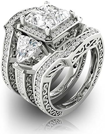3PC Women's Fashion Jewelry 925 Silver Princess Cut Wedding Engagement Ring Set (7)