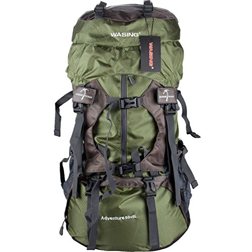 WASING 55L Internal Frame Backpack Hiking Backpacking Packs for Outdoor Hiking Travel Climbing Camping Mountaineering with Rain Cover WS-55Lpack-green