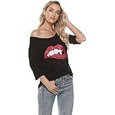 MAGICMK Women Casual Plus Size Lips Print Off Shoulder T-Shirt Tops