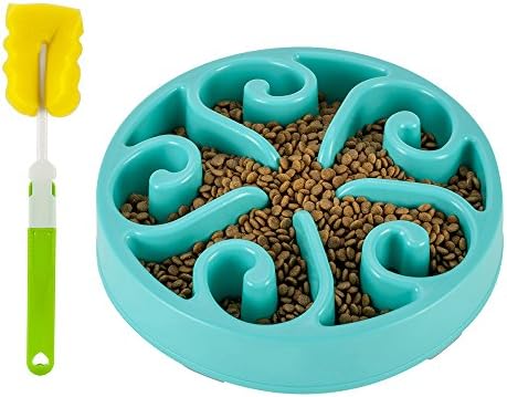Lukove Slow Feeder Bowl, Non Toxic Eco-friendly Interactive Fun Puzzle Dish with Non Skid Base Spiral Design Prevent Choking indigestion vomiting with Bonus Cleaning Sponge Brush for Dogs Cats (Blue)