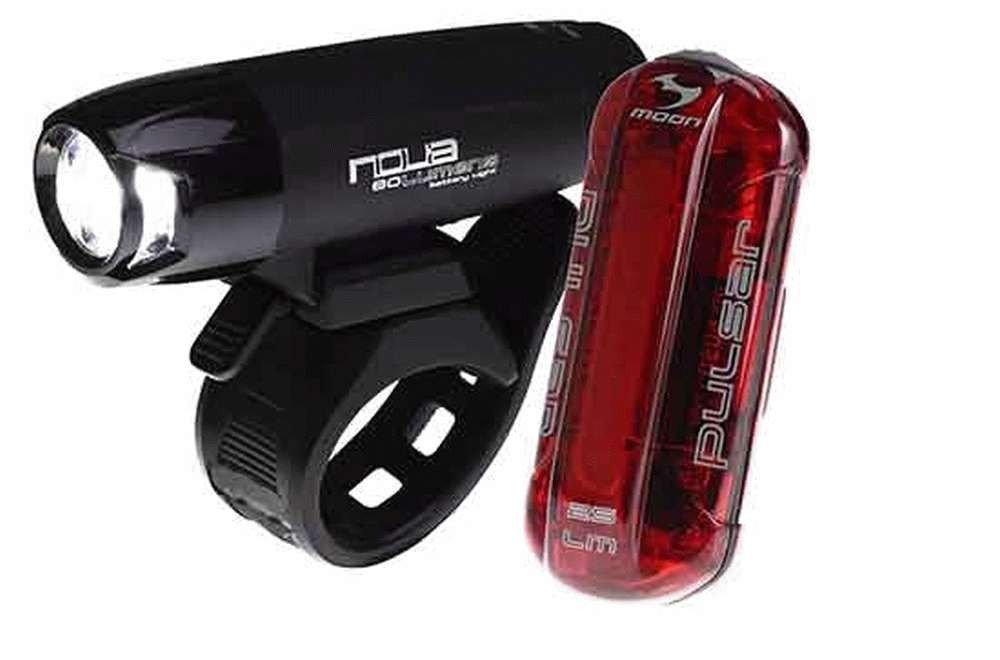 Moon Light the Way You Ride On Nova 100lm & Pulsar 25lm IPX4 AA Battery Front and AAA Battery Rear Cycle Light Set, Black