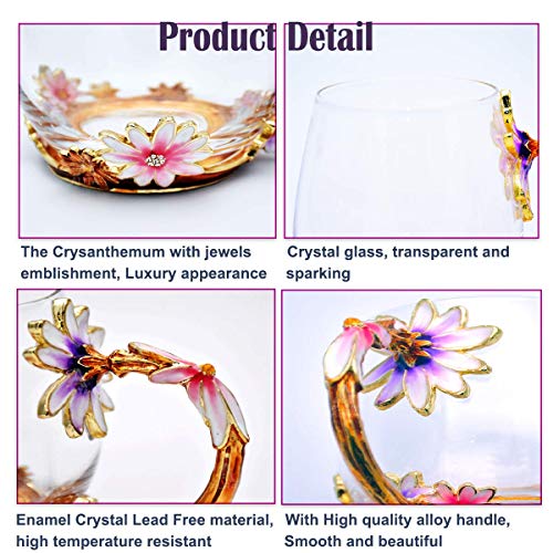 ALITA Luxury Handmade Pink and Purple Flower Crystal Glass Tea Cup/Coffee Mug with Spoon Gift Set (11oz)