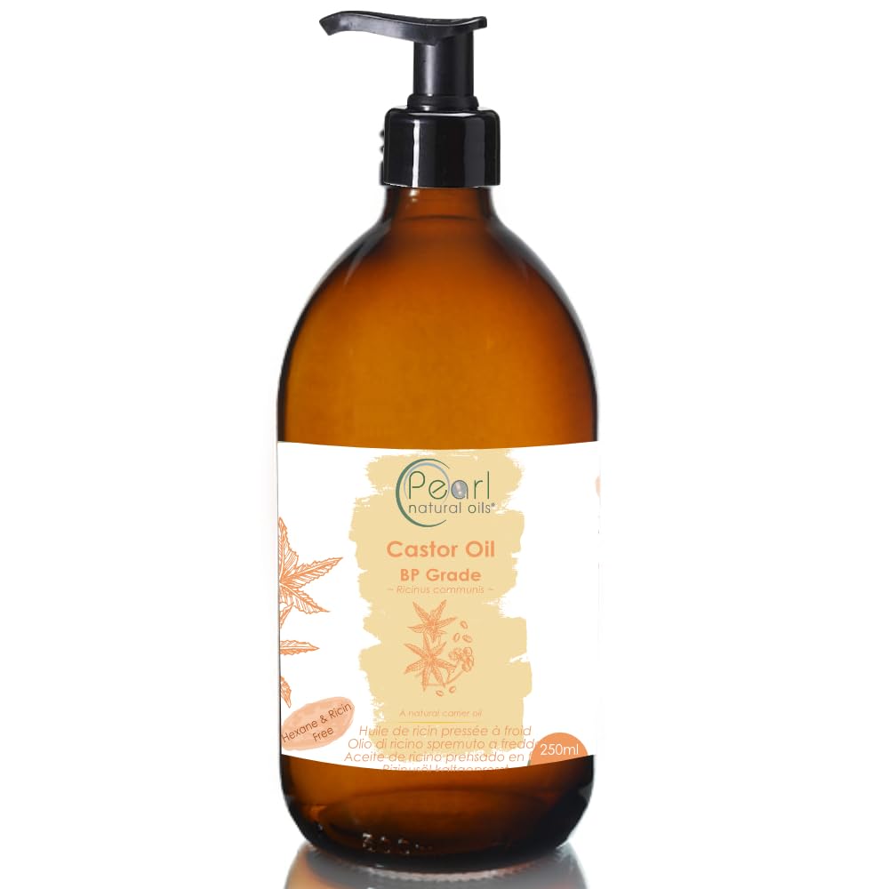 Cold Pressed Pure Castor Oil 250 ml, Glass Bottle with a Pump, Vegan, BP Grade, Hexane Free, Non-GMO