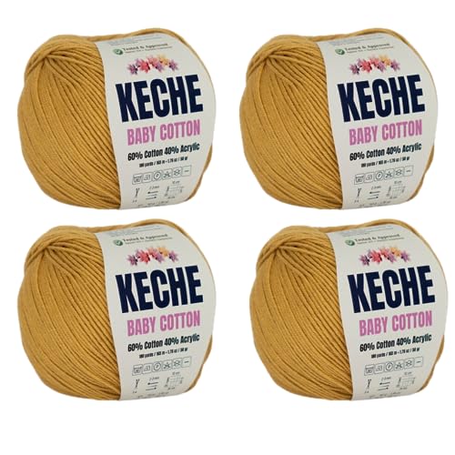Keche Cotton Yarn, 60% Cotton 40% Acrylic Yarn, Soft Cotton Yarn for Crochet and Knitting, Amigurumi Yarn 4 Skeins/Balls [1.76 Oz (50g) / 180 Yrds (165m)] x 4 - Mustard