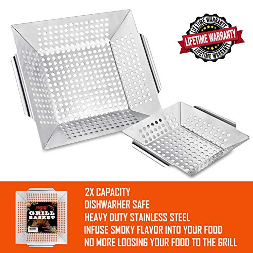 2 Pack Grill Basket Set,Grilling Wok for Vegetable, Kabob, Shrimp-Heavy Duty Stainless Steel BBQ Accessories, Fit All Grill