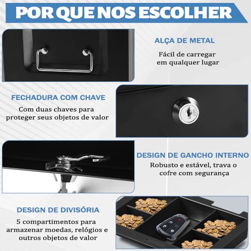 Caixa de Dinheiro, Caixa com Cadeado, Cofres de Dinheiro em Lojas de Conveniência, com Bandeja para Dinheiro e Fechadura com Chave