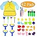 Kids Early Learning Sponge Painting Brushes Kit, 42 Pieces Sponge Drawing Shapes Paint Craft Brushes for Toddlers Assorted Pattern, Including Children Waterproof Art Painting Smock Apron