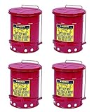 Justrite J09100 09100; Galvanized-steel; Safety cans; For Oily waste; Red; Foot Operated cover, ventilated Bottom; Reinforced ribs; Self-closing; UL listed; FM approved; Capacity:6 gal. (Pack of 4)