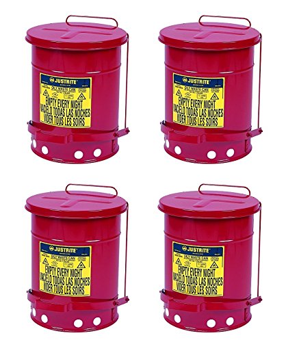 Justrite J09100 09100; Galvanized-steel; Safety cans; For Oily waste; Red; Foot Operated cover, ventilated Bottom; Reinforced ribs; Self-closing; UL listed; FM approved; Capacity:6 gal. (Pack of 4)