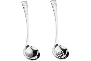 HIAKDOFT 2Pcs Stainless Steel Soup Ladle and Skimmer Long Handle Slotted Spoon for Hotpot Stew and Soup