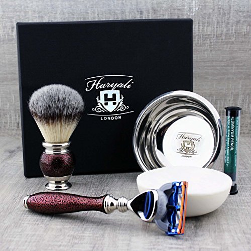 Haryali London 5pc Shaving Kit 5 Edge Safety Razor with Synthetic Badger Hair Shaving Brush, Soap, Bowl and Alum Perfect Set for Mens