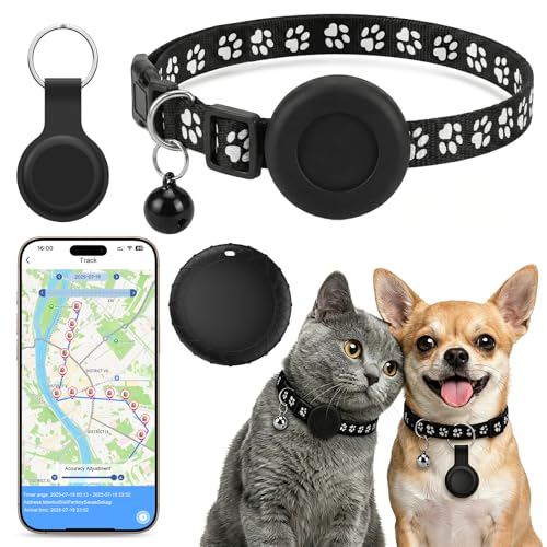 Cat GPS Tracker with Collar, Dog Tracker No Monthly Fee Compatible with iOS and Android, Real-Time Tracking Dog Cat GPS Pet Tracker, Dog Collar Holder with Tracking Device, IPX6 Waterproof - Black