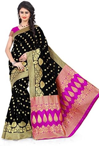 Black Colour Banarasi Saree With Unstitched Blouse Piece, Free Size.