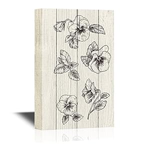 Pansy Flower Canvas Wall Art - Pansy Flower Drawings on Wood Style Background - Gallery Wrap Modern Home Art | Ready to Hang - 12x18 inches