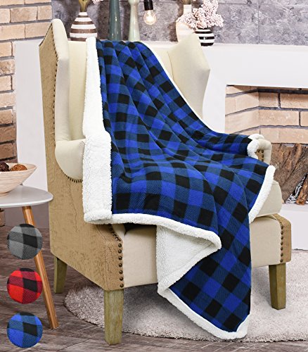 Catalonia Buffalo Plaid Sherpa Throw Blanket, Reversible Soft - Main Image