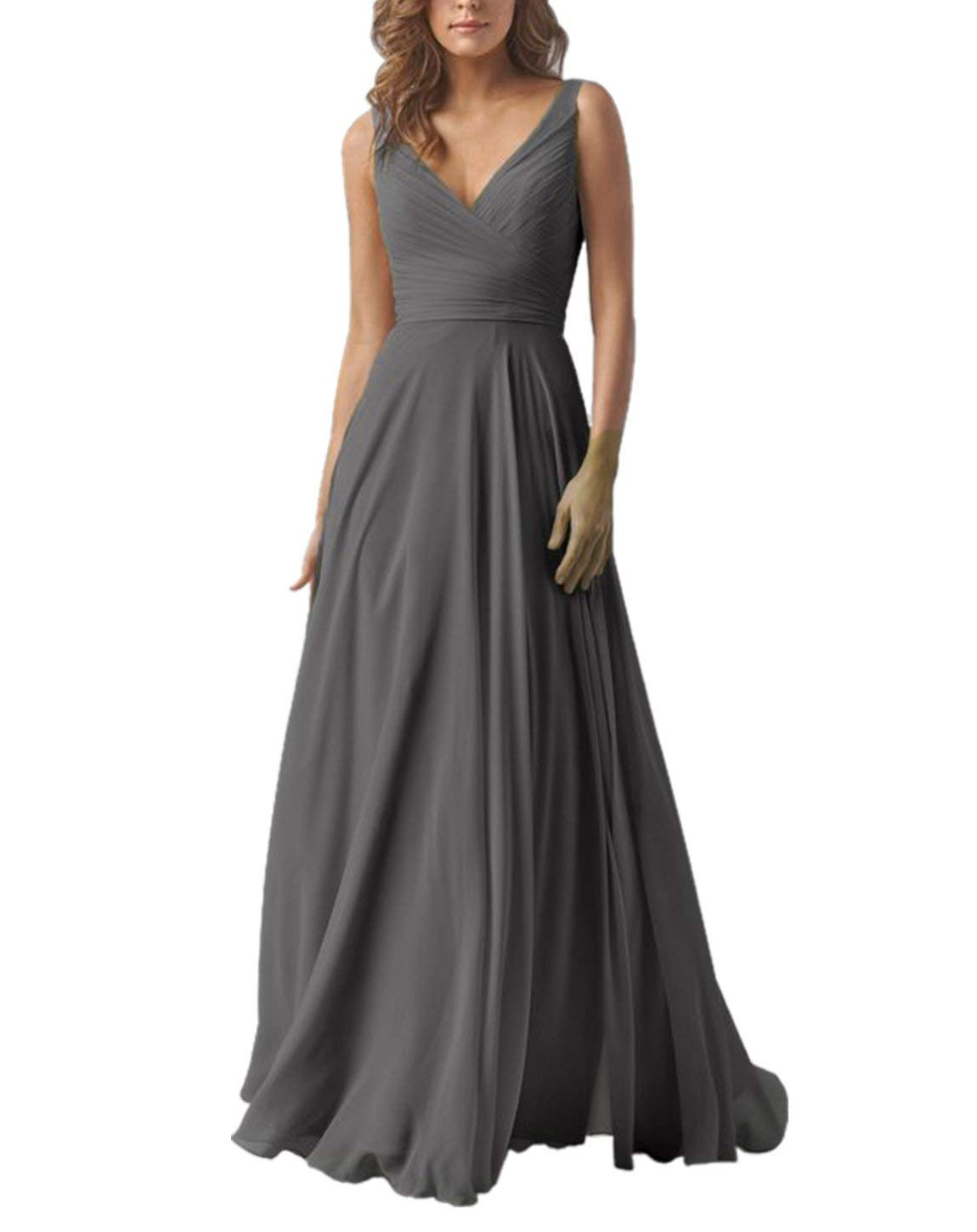 ModeC Bridesmaid Dress V Neck Pleated Long Chiffon Sexy Wedding Evening Dress