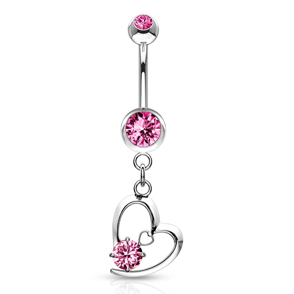 PiercedOff 316L Surgical Steel Pink CZ Belly Bar with Pink CZ Heart Dangle - Thickness 14GA (1.6mm) / Length 10mm / Ball Size Top 5mm and 8mm Lower/Heart Dangle Size 12mm
