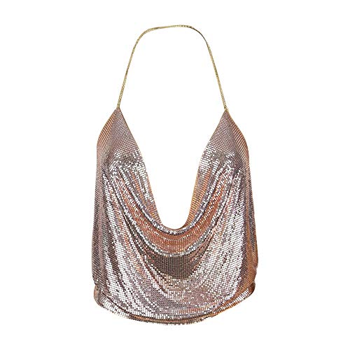 TLOOWY Sequins Crop Tops, Women Sexy Halter V-Neck Vest Tank Tops Backless Sleeveless Bra Club Wear Nightclub (Rose Gold) - Thumbnail 3