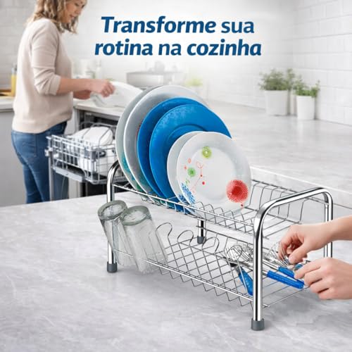 Escorredor de Louça 13 Pratos Duplo Cromado com Porta Copos – Aço Inox, 2 Andares, Alta Capacidade, Anticorrosão Premium
