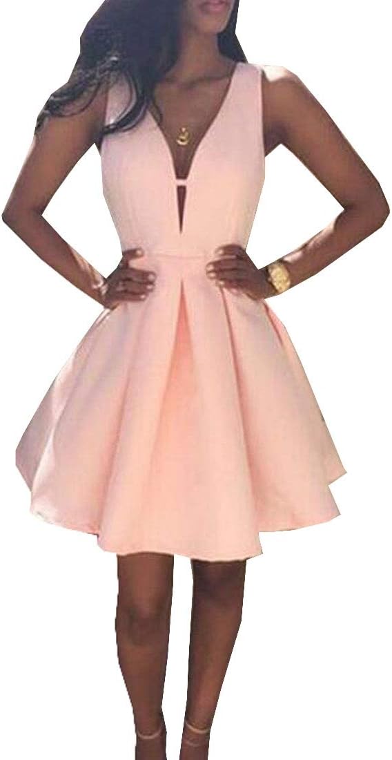 Heless Women's Backless Deep V Neck A-Line Sleeveless Cocktail Party Midi Dress