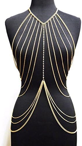 Alinay Retro Fashion Adjustable Rhinestone Accent Body Belly Chain Necklace Jewelry (Gold)